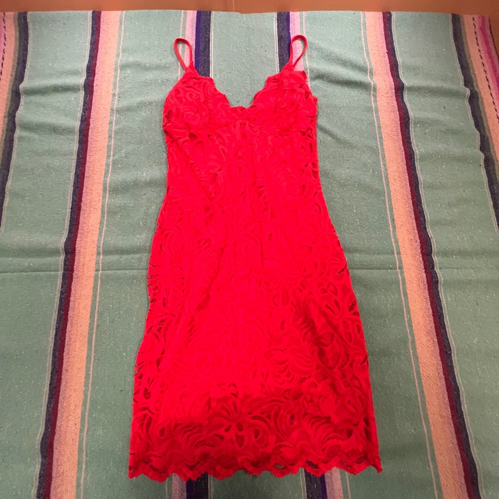 H&M Bodycon Dress Womens 8 Red Floral Lace V-Neck Mini Party Cocktail